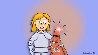 Illustration eines blonden Mädchens in Ritterrüstung mit einer Fantasiefigur im Arm. Die Figur hat einen Alarm auf dem Kopf.  